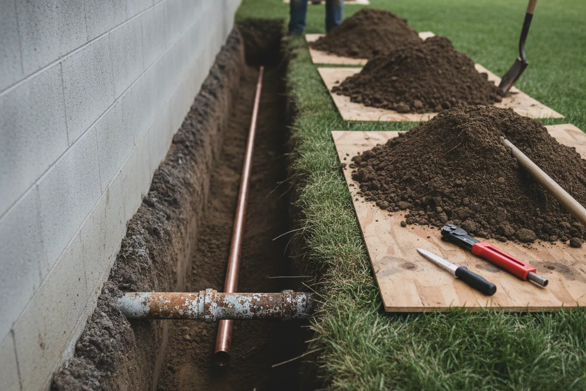 Excavated water line trench during Sewer Line Repair in Wadsworth